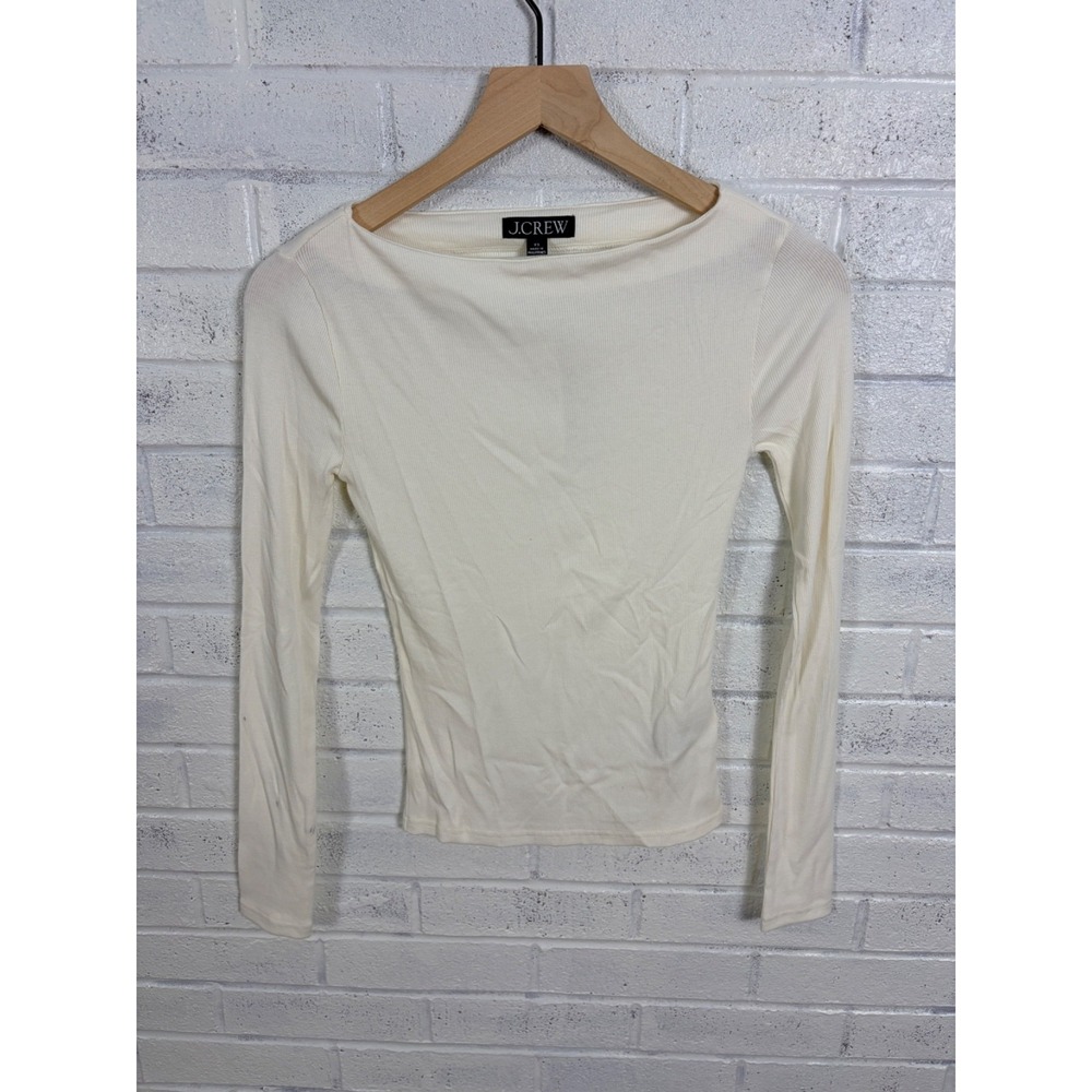 J.Crew Fine Rib Boatneck Top Womens XS Ivory Long Sleeve Stretch Minimalist
